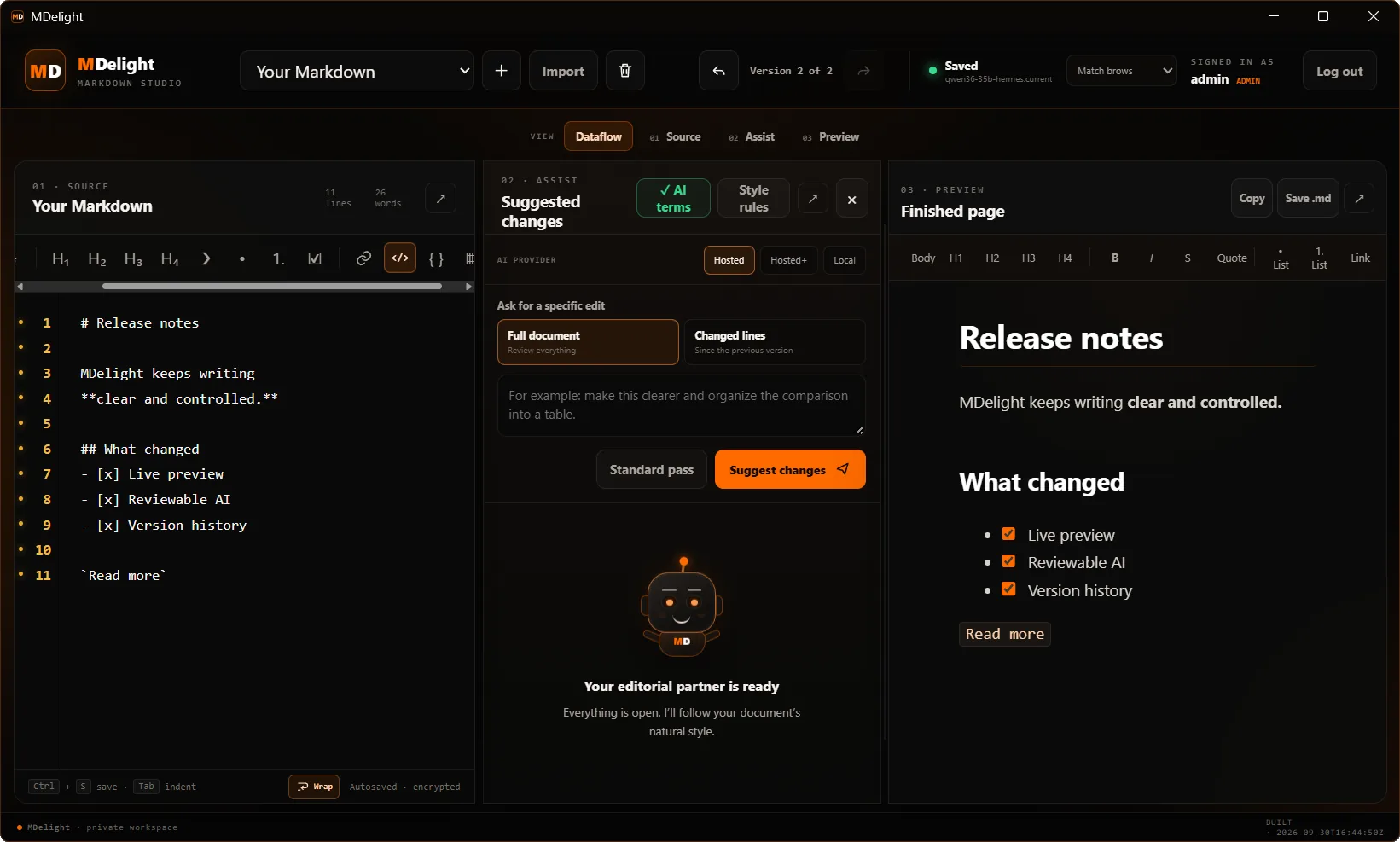MDelight workspace with Markdown source, the AI assistant, and live preview side by side