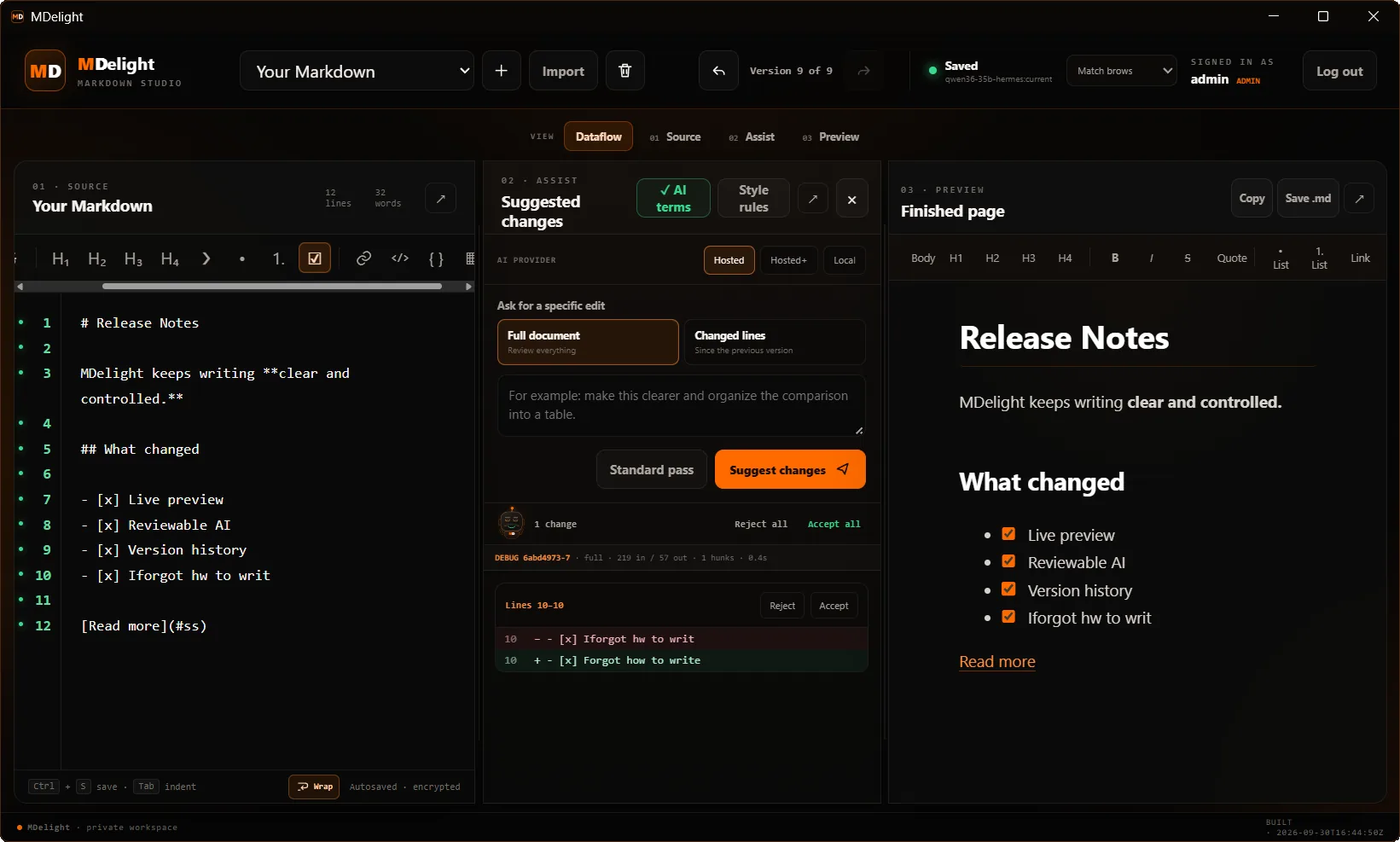 MDelight presenting an AI wording suggestion with reject and accept controls